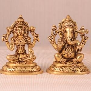 Brass Superfine Ganesha and Lakshmi Idol Pair - 4" Height